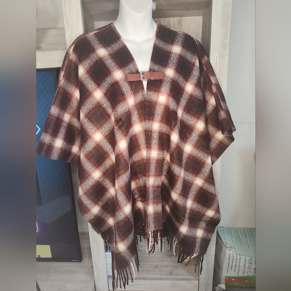 Denim & Co. Heritage Plaid Topper with Fringe Hem SZ SX New No Tags